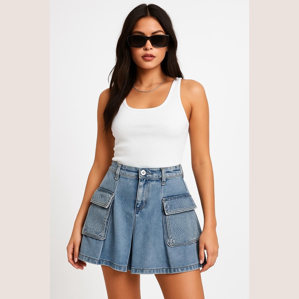 Women’s Denim Rhinestone Pleated Skirt Size L
Y2K Streetwear Festival